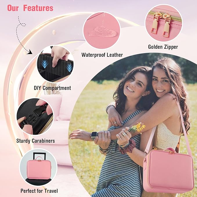 Mid-Size Makeup Bag with LED 1X5X10X20X30X Magnifying Mirror and Travel Makeup Train Case Cosmetic Organiser with Mirror and Separate Makeup Brush Panel, Portable Adjustable Divider, Pink