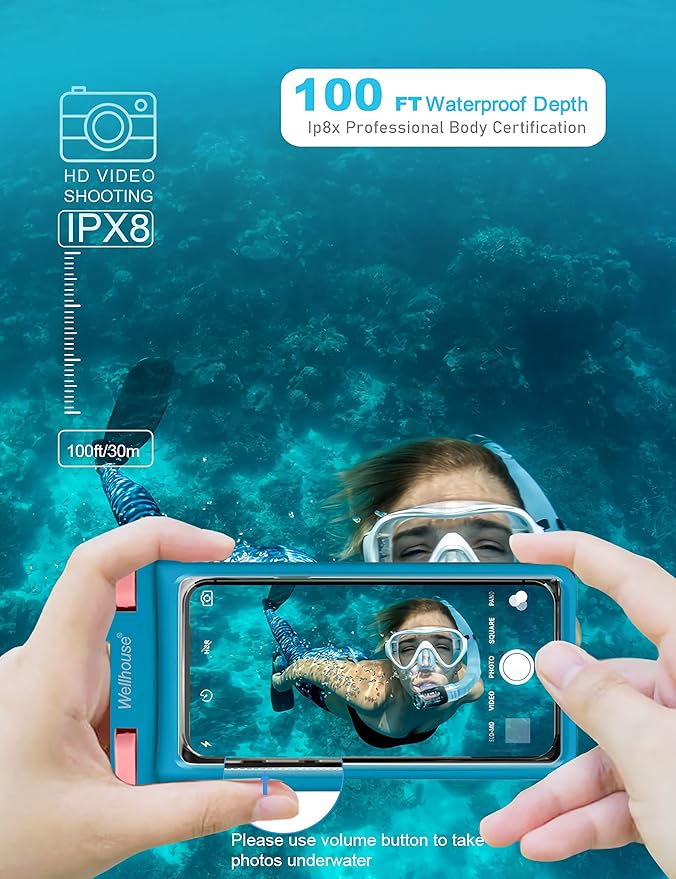 wellhouse Waterproof Phone Pouch, Waterproof Phone Case for iPhone 16 15 14 13 12 Pro Max XS Samsung, IPX8 3D Cellphone Dry Bag Beach Essentials (1 Pack - Blue7.0, 7 inch)