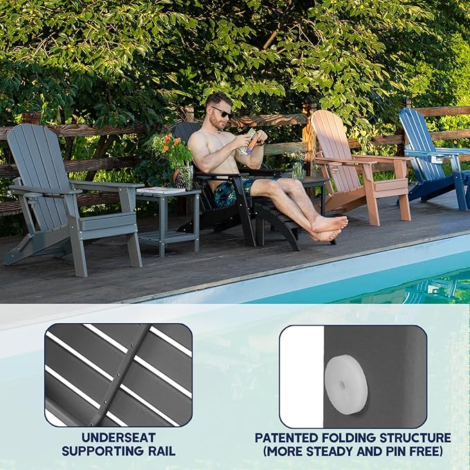 Folding Adirondack Chair - Extended Ergonomic Backrest, Cup Holder - Easy Assembly - Durable HDPE Plastic, Weather Resistant & Maintenance-Free - Lawn, Patio, Deck Supports 380lbs Grey