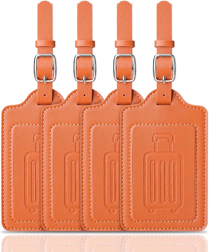 Teskyer Luggage Tags for Suitcases, TSA Approved with Privacy Protection Cover, Premium Faux Leather Bag Tags for Travel - 4 Pack, Orange