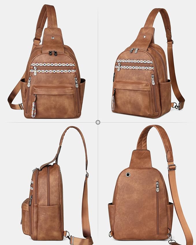 FADEON Large Sling Bag for Women, Leather Crossbody Purse Designer Anti Theft Sling Backpack, RFID Fanny Packs for Travel