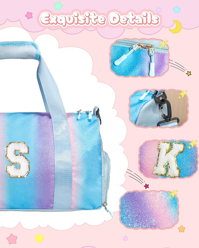Dorm Room Essentials for Girls-Girl Gym Bag with Shoe Compartment, Kid Personalized Weekender Overnight Bags, Initial Travel Tote with Makeup Pouch, Preppy Stuff Gifts for Kids (Letter F)