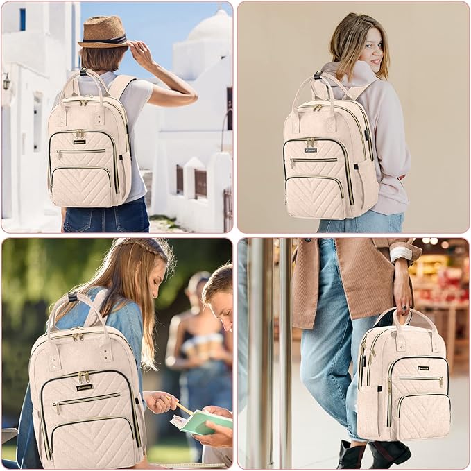 Laptop Backpack for Women, High School Bookbag for Girls with USB Port Charging, 15.6 Inch Water Resistant Computer Bag for Work, Travel College Back Pack Purse Gifts for Student Teacher, Beige