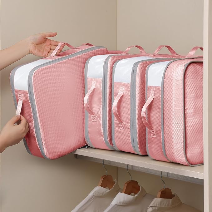 DIMJ Clothes Storage Bag 8 Pack, 19L Compression Storage Bags for Blanket, Sweater, Jacket, Closet, Sheet Storage Organizer with Window Handle, Space Saver Storage Bags with Zipper, Pink