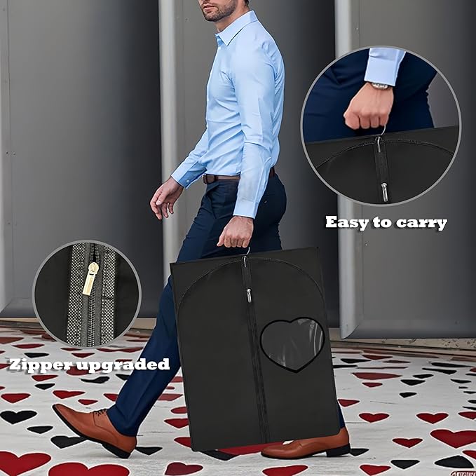 Dress Bags for Gowns Long, 65'' Garment Bags for Hanging Clothes, Suit Bag Cover for Storage and Travel, with Clear Heart Window, 2 Pack (Black)