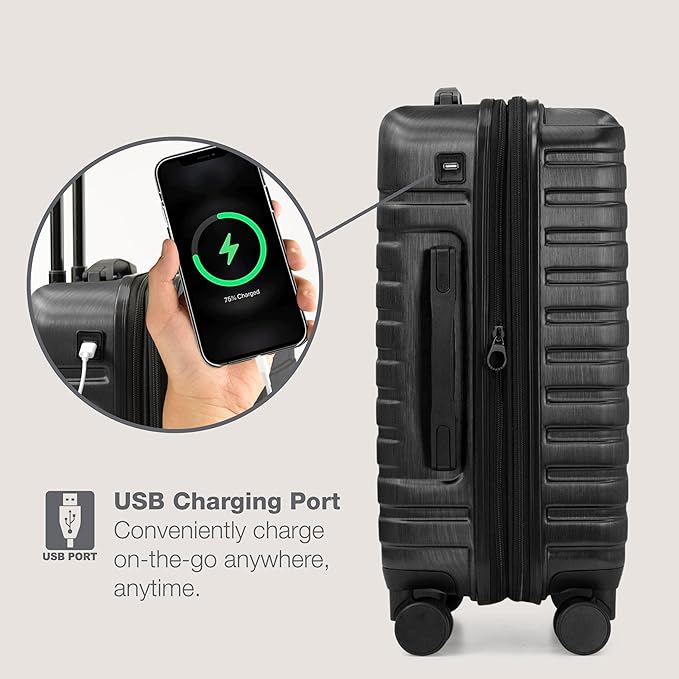 U.S. Traveler Boren Polycarbonate Hardside Rugged Travel Suitcase Luggage with 8 Spinner Wheels, Aluminum Handle, Black, 3-Piece Set, USB Port in Carry-On