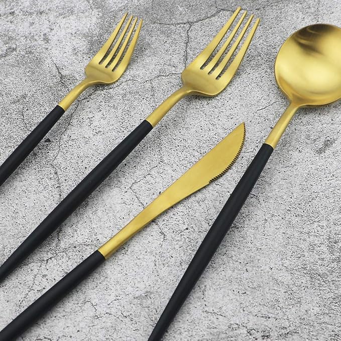 Gugrida 20-Piece 18/10 Stainless Steel Flatware Silverware, Luxury Dinnerware Set Travel Cutlery Tableware Include Knife Fork Spoon Service for 4, Dishwasher Safe (Black Handle Matte Gold)