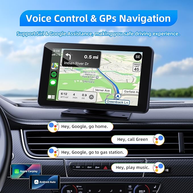 Wireless Apple Carplay and Android Auto Screen for Car, 7" HD Portable Touch Screen Car Stereo with Bluetooth, Backup Camera, Navigation, Mirror Link for All Vehicles