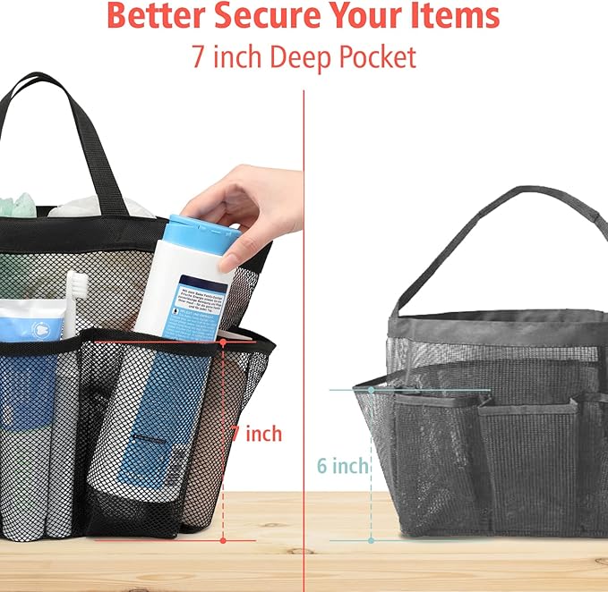 F-color Mesh Shower Caddy Portable with Dividers - Upgrade Deeper 7 Pockets Dorm Room Essentials with S Hook, Shower Bag Basket Tote for Guys Girls College Camping Toiletry Bathroom, Black