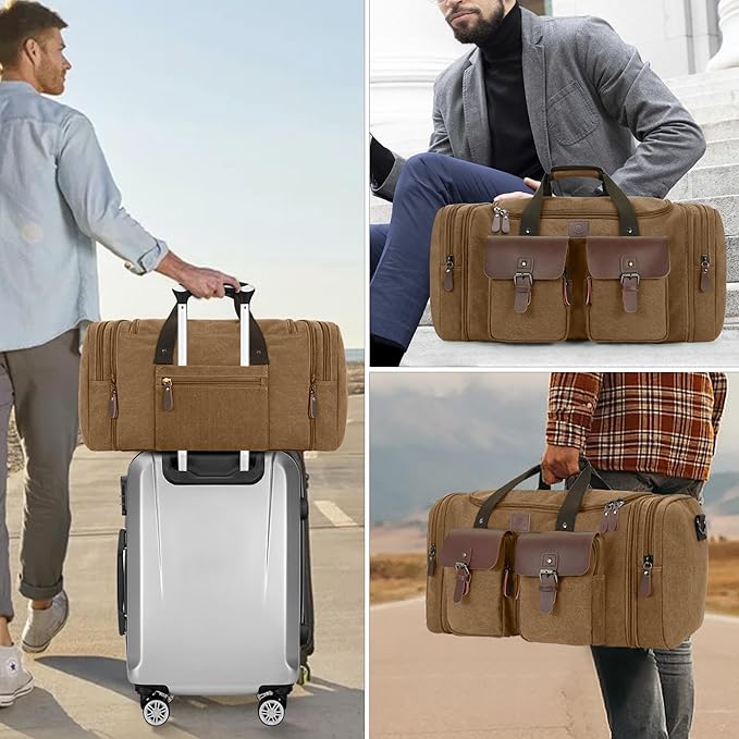 Canvas Duffle Bag for Men 60L Travel Duffel Bags Expandable Genuine Leather Duffel Overnight Weekender Carry On Bag Two Zipper Pockets Travel Bag (Coffee, X Large-60L)