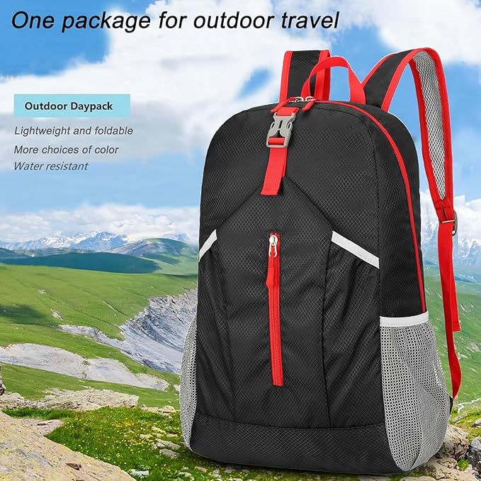 25L Hiking Backpack Foldable Sports Daypack Camping Collapsible Bag Water Repellent Lightweight Travel Men Women (Black)