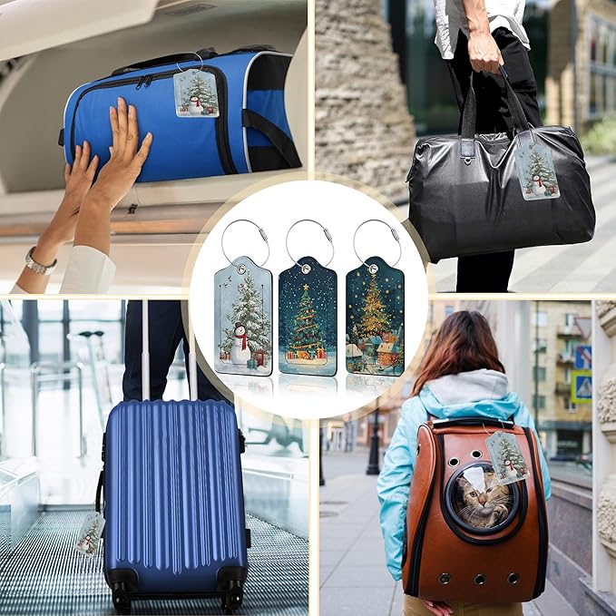 Merry Christmas 3 Pack PU Leahter Luggage Tag with Stainless Steel Loop,Christmas Tree Travel Suitcase Labels with Privacy Cover ID Label Quickly Spot for Bags