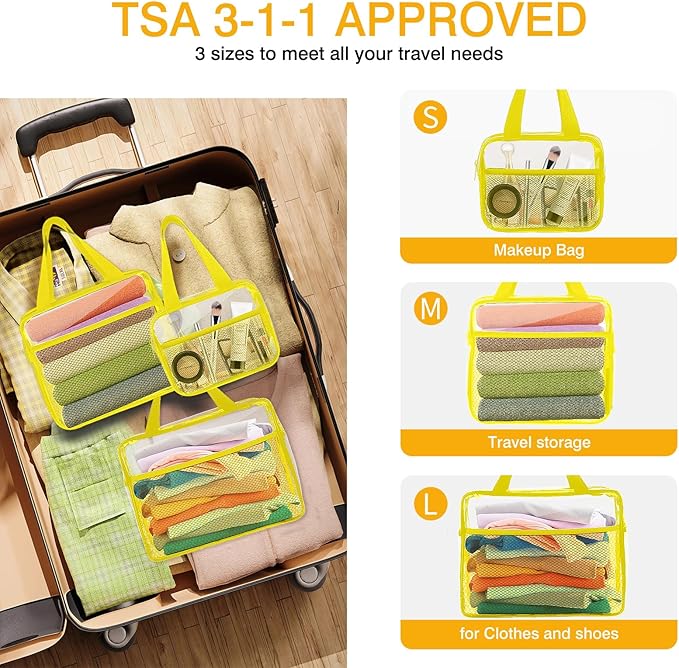 XEWEA Clear Travel Toiletry Bags, 3 Pack TSA Approved Transparent Makeup Bag for Men Women,Large Waterproof PVC Quart Organizer Kit with Zipper for Toiletries Airline Essential,Toy Pouch Yellow