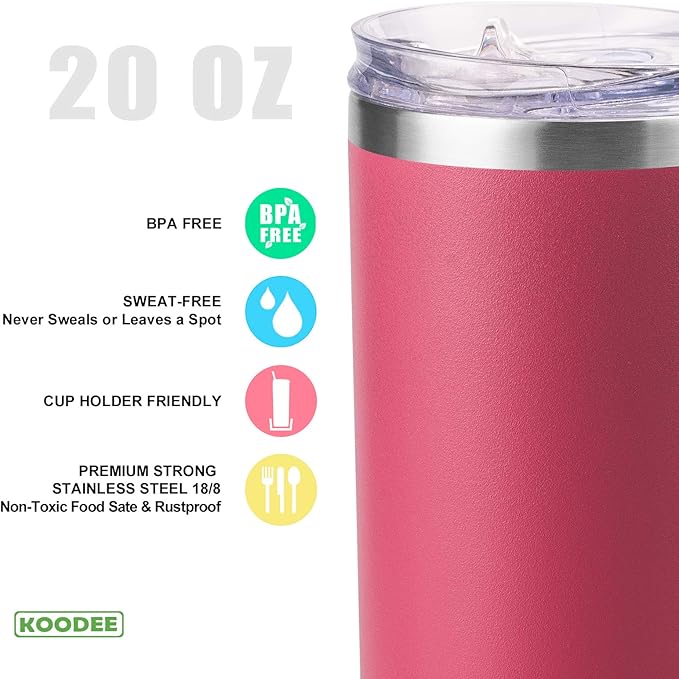 koodee 20 oz Tumbler with Lid and Straw-2 Pack Stainless Steel Double Wall Insulated Skinny Tumbler-Travel Beach Coffee Mug Tumbler for Women/Men (Wine Red-Teal)