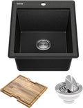 KRAUS Bellucci 18-inch Granite Workstation Drop In Top Mount Single Bowl Kitchen Sink in Metallic Black with Accessories, KGTW12-18MBL