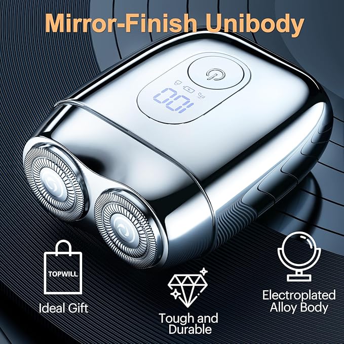 All-Metal Mini Electric Shaver for Men – Portable Travel Razor with Mirror Cap, Smooth & Close Shave, LED Display, USB-C Fast Charge, Wet/Dry Waterproof – RX40 Silver
