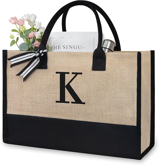 TOPDesign Initial Jute/Canvas Tote Bag, Personalized Present Bag, Suitable for Wedding, Birthday, Beach, Holiday, is a Great Gift for Women, Mom, Teachers, Friends, Bridesmaids (Letter K)