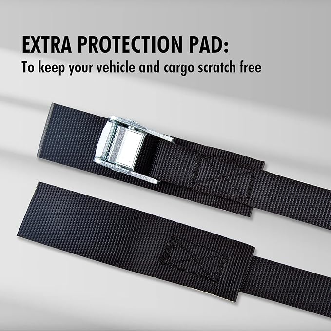 Cartman 1" x 15'Lashing Straps with Adjustable Cam Buckle Cargo Tie Down with Protective Pad, 4 Pack, Black