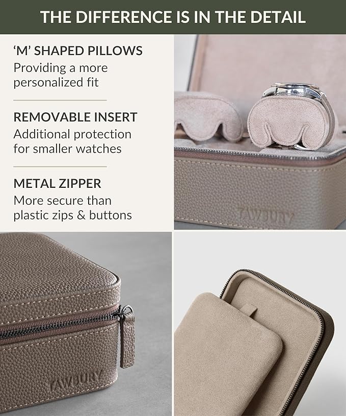 TAWBURY Luxury Leather Watch Box - Unisex Travel Case With Zipper Closure | Taupe Top-Grain Genuine Leather Roll | 3 Watch Carrying Case for Men