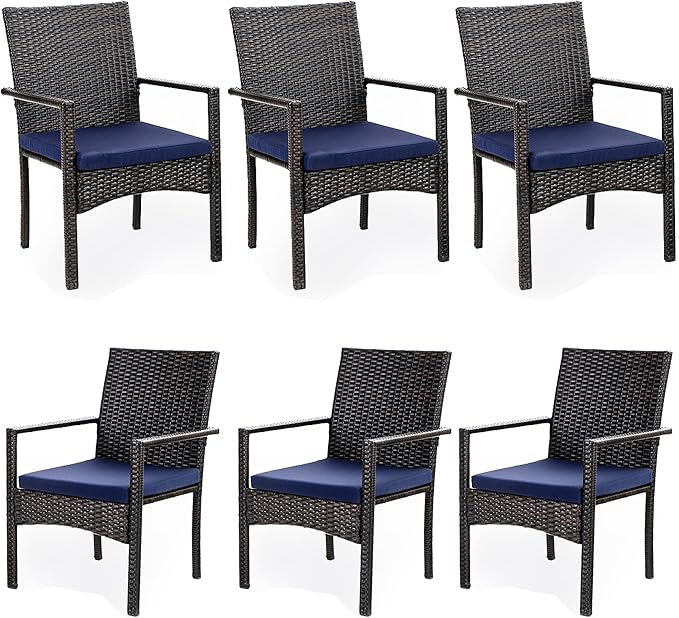 PHI VILLA Outdoor Rattan Dining Chairs Set of 6, Modern Wicker Armchair with Cushions for Patio, Deck, Yard, Porch - Brown