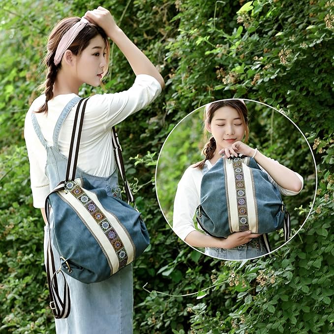Goodhan Women Canvas Backpack Daypack Casual Shoulder Bag, Vintage Heavy-duty Anti-theft Travel Backpack (Green Blue)