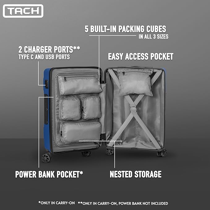 Tach V3.1 Connectable Carry On, Medium and Large Hardside Suitcases with Adjustable Handle and 360 Degree Spinner Wheels, a Set of 3, Midnight Blue