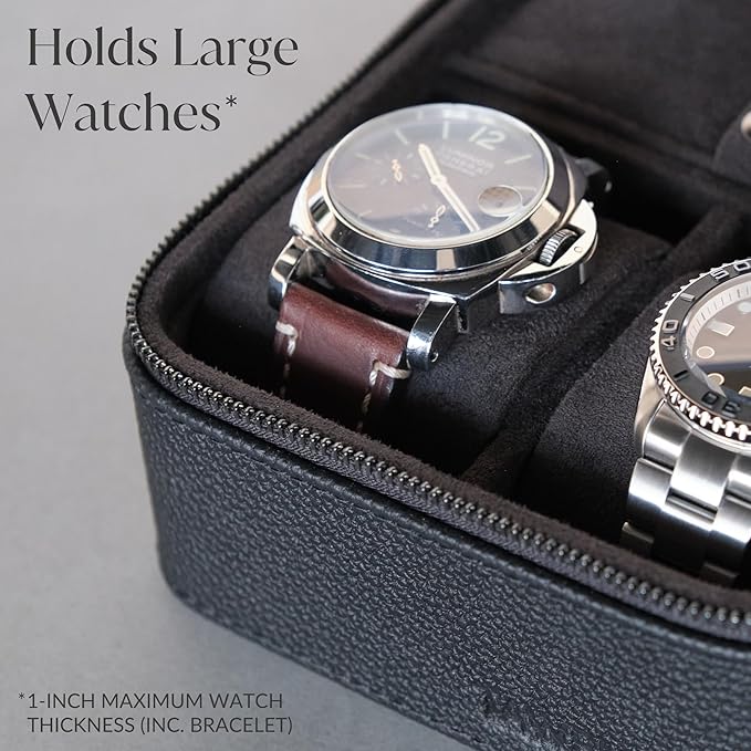 TAWBURY 3 Slot Watch Case Plus Storage – Luxury Leather Watch Travel Case for Men | Black Watch Cases for Men Travel | Traveling Watch Holder for Men | Black Watch Roll Case | 3 Watch Box for Men