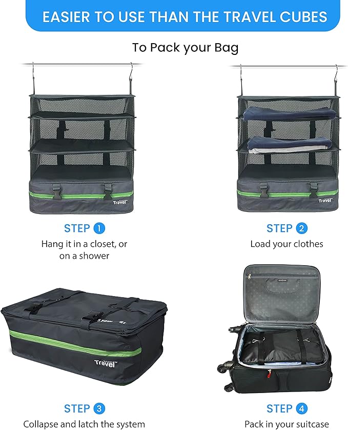 Stow-N-Go Portable Hanging Travel Shelves, Packing Organizer for Luggage. Carry on Closet for Clothes. Expandable Packing Cube. Travel Essentials. Dak Gray - XL