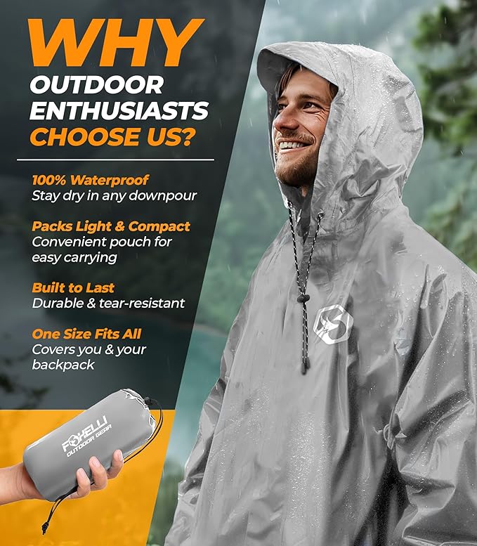 Foxelli Rain Poncho for Adults – Extra Long Reusable Waterproof Raincoat with Hood, Lightweight for Hiking, Camping, Outdoors
