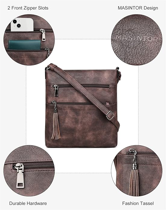 MASINTOR Crossbody Purses for Women, Multi Pocket Casual Crossbody Bag, Adjustable Strap Shoulder Bag with Tassel