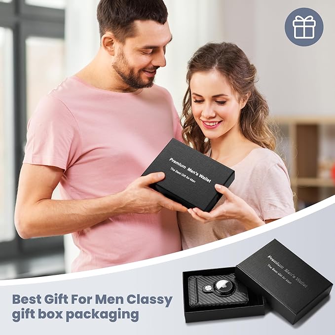 AirTag Wallet for Men, RFID Blocking Slim Mens Wallet with Money Clip, Minimalist Credit Card Holder for Apple Air Tag, Pop Up Card,9-11Cards Capacity | ID Window | Cash Slot | Gift Box（Black）