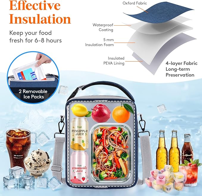 Lifewit Insulated Lunch Box for Men, Expandable Cooler Bag, Freezable Lunch Bag for Women with 2 Ice Packs and Shoulder Straps for Work Travel College, 8.2L Gray and Blue