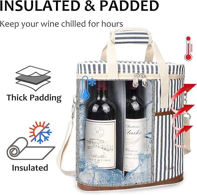 Tirrinia Insulated Wine Gift carrier - 3 Bottle Travel Padded Wine Carry Cooler Tote Bag with Handle and Adjustable Shoulder Strap, Stripe