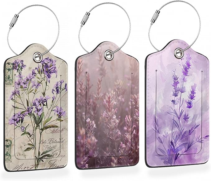 Vintage Purple Lavender 3 PCS Luggage Tags, Leather Suitcase Tags with Privacy Cover Name Address Labels and Durable Steel Loop for Men/Women Travel Bag Suitcases