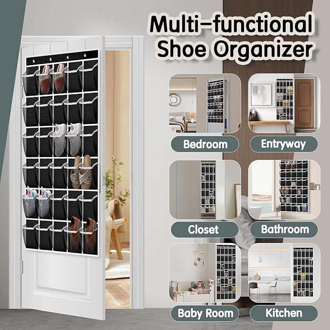 Over the Door Shoe Organizer with 30 Breathable Mesh Pockets - Large Capacity Closet Storage for Men & Women, Hanging Shoe Rack Organizer (Solid black)