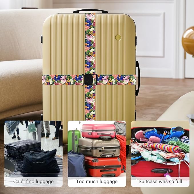 2 Pack Luggage Straps for Suitcases, Adjustable Travel Belt with Double Lock and Quick Release Buckle, Heavy Duty Nylon Bag Packing Strap, Bright Identifiers Business Travel Accessories-Flower Garden