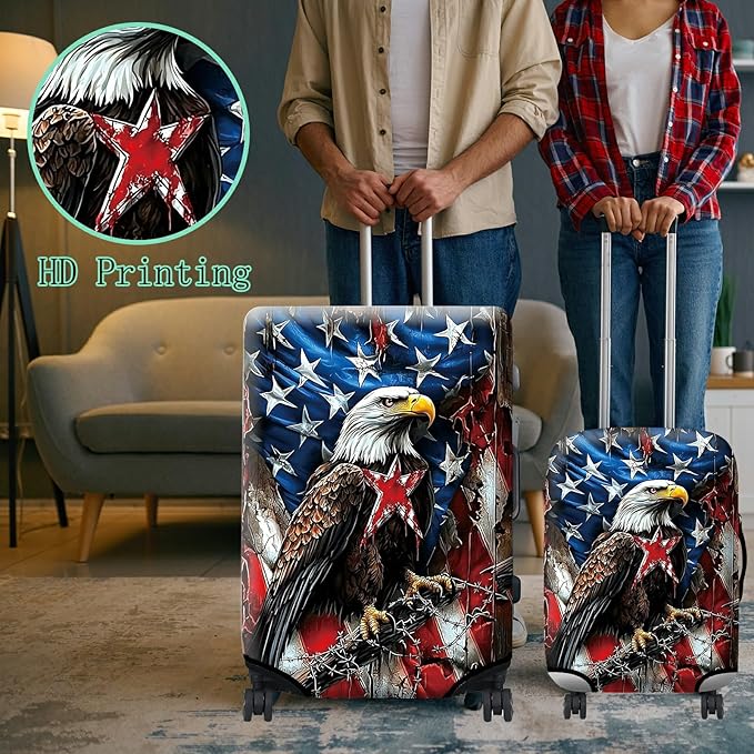 Luggage Cover + Tag, Eagle American Flag Travel Suitcase Protector for 29-30 inch Luggage (XL) with Concealed Zipper, Washable Elastic Cloth, Dustproof, Anti-Scratch