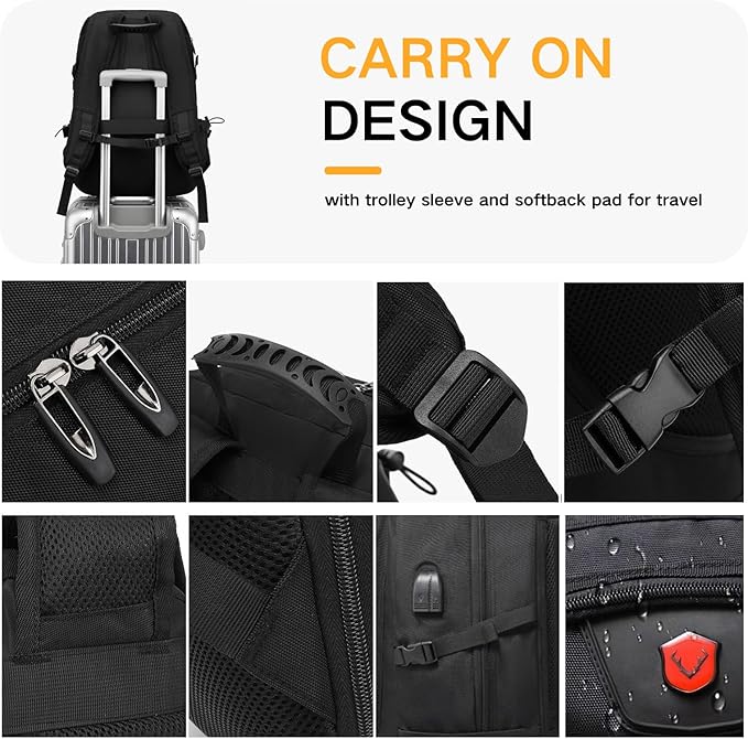 Travel Backpack 50L, 17 Inch Laptop Backpack for Men Women, Large Waterproof Carry On Backpack, TSA Friendly Flight Approved Anti-Theft Backpack with USB Interface & Shoe Compartment, Black