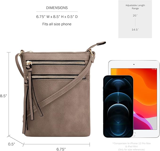 DELUXITY | Crossbody Purse Bag | Functional Multi Pocket Double Zipper Purse | Adjustable Strap | Medium Size Purse |Dark Taupe