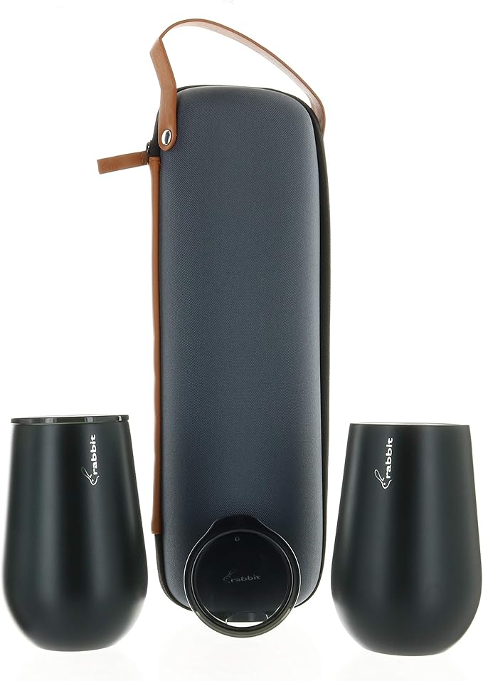 Rabbit Wine to Go - Set of 3 | Wine Bottle Insulation Bag with Handle | Includes 2 Stainless Steel Tumblers with Lids | For On-the-Go Travel such as Picnic, Hiking, and Barbeques