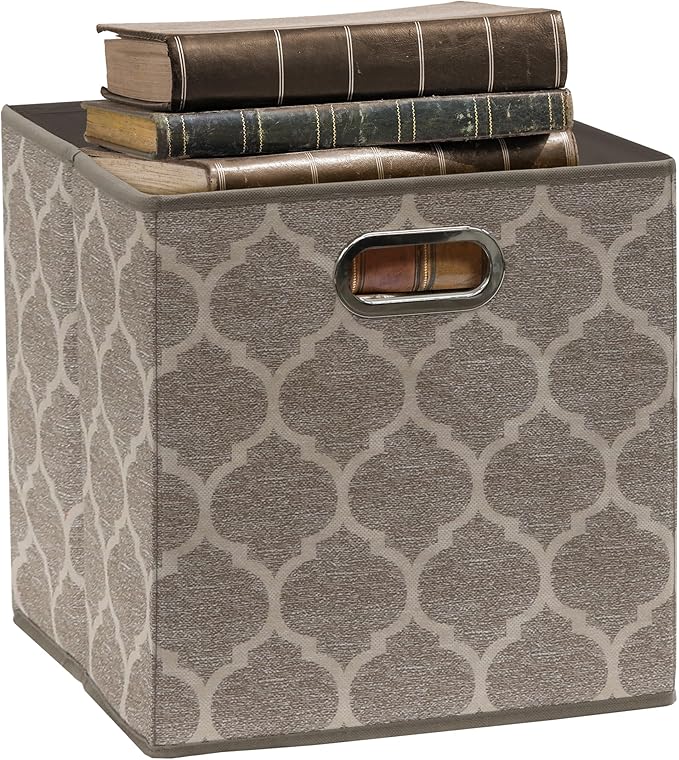SIMPLE HOUSEWARE 11-Inch Collapsible Fabric Cube Storage Bin with Handles, Printed Design, 6 Pack, Beige