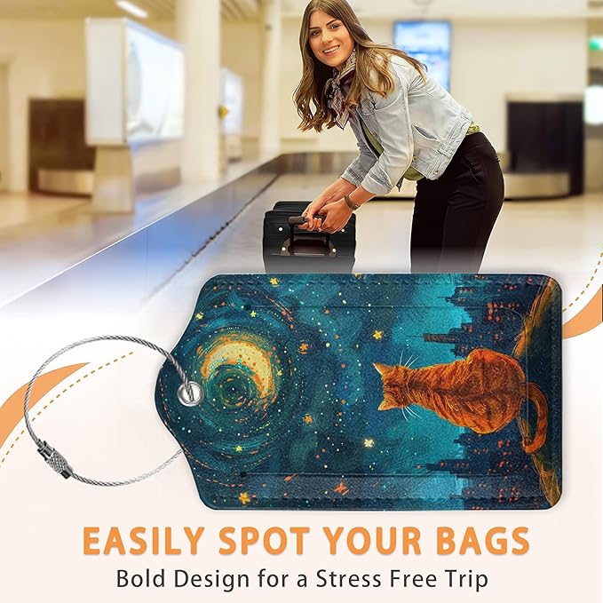 Starry Night Orange Cat 3 Pack PU Leahter Luggage Tag with Stainless Steel Loop, Galaxy Dog Under Stars Travel Suitcase Labels with Privacy Cover ID Label Quickly Spot for Bags