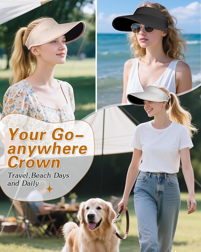 Sun Visor Hats for Women,UPF50+ Wide Brim Sun Hats Adjustable Foldable Beach Hats for Daily Travel