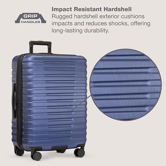 U.S. Traveler Boren Polycarbonate Hardside Rugged Travel Suitcase Luggage with 8 Spinner Wheels, Aluminum Handle, Navy, Carry-on 22-Inch, USB Port
