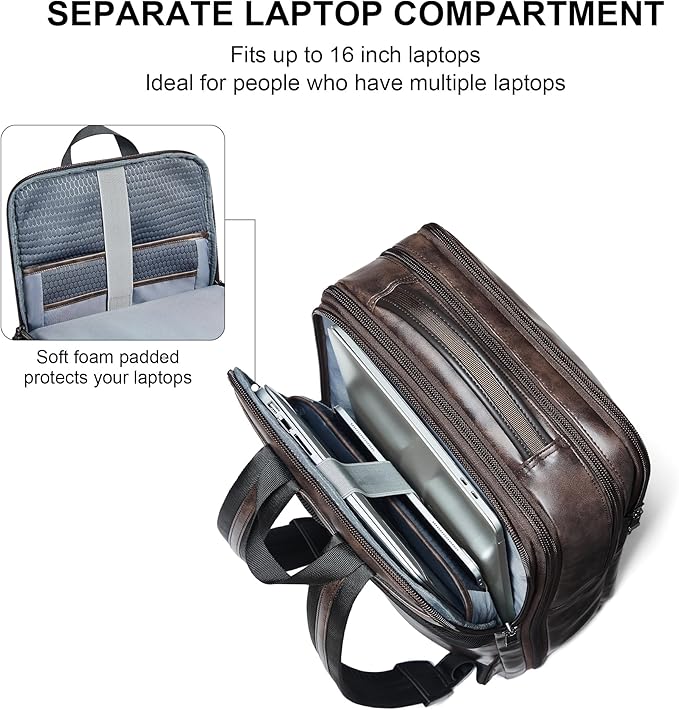 Vegan Leather Laptop Backpack for Women&Men,16 Inch Expandable Backpack with USB Charging Port,Two-toned Coffee
