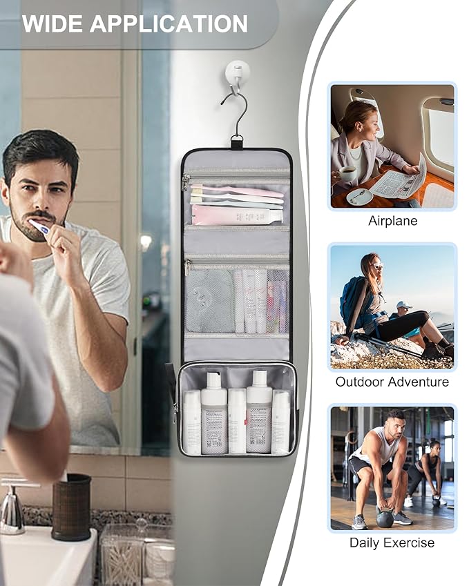 Small Hanging Toiletry Bag for Men and Women, Portable Hanging Organizer for Travel-Sized Shower Dopp Kit, Makeup Accessories, Waterproof Toiletries Organizer with 3 Compartments for Outdoor - Black