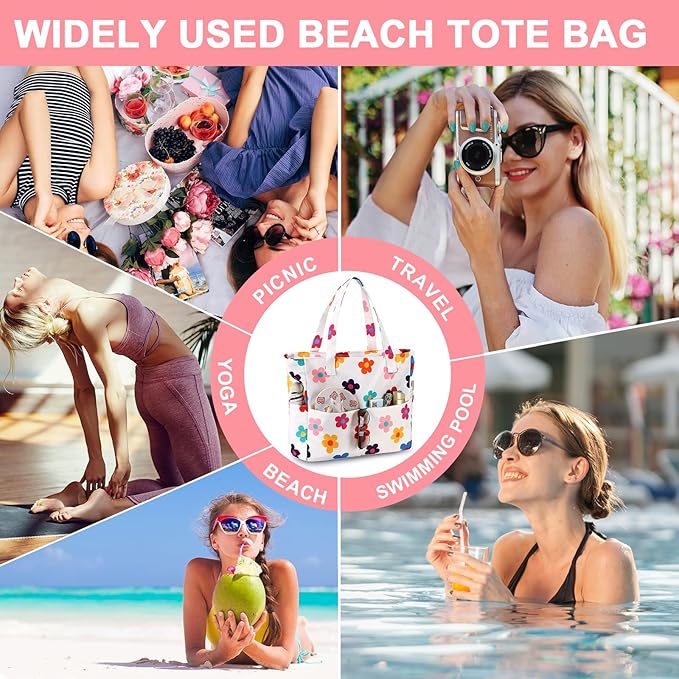 CAMTOP Waterproof Beach Tote Bag for Women Girls with Zipper Foldable Sandproof Pool Swim Bag Travel Carry On Gym