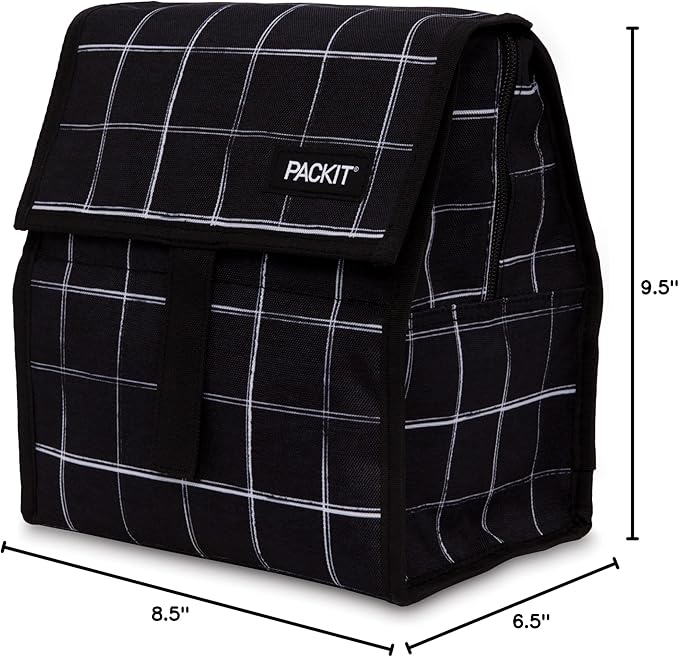 Packit® Freezable Lunch Bag, Black Grid, Built with ECOFREEZE® Technology, Foldable, Reusable, Zip and Velcro Closure with Buckle Handle, Designed for Work Lunch and Fresh Lunch On the Go