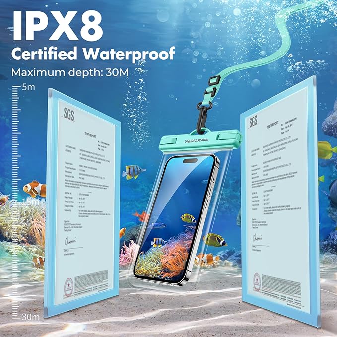 UNBREAKcable Waterproof Phone Pouch-2 Pack IPX8 Waterproof Phone Case for iPhone 16 15 14 13 12 11 Pro Max & Samsung S25 S24-Dry Bag & Travel Essentials for Beach, Pool, Kayak & Cruise-7" Blue+Green