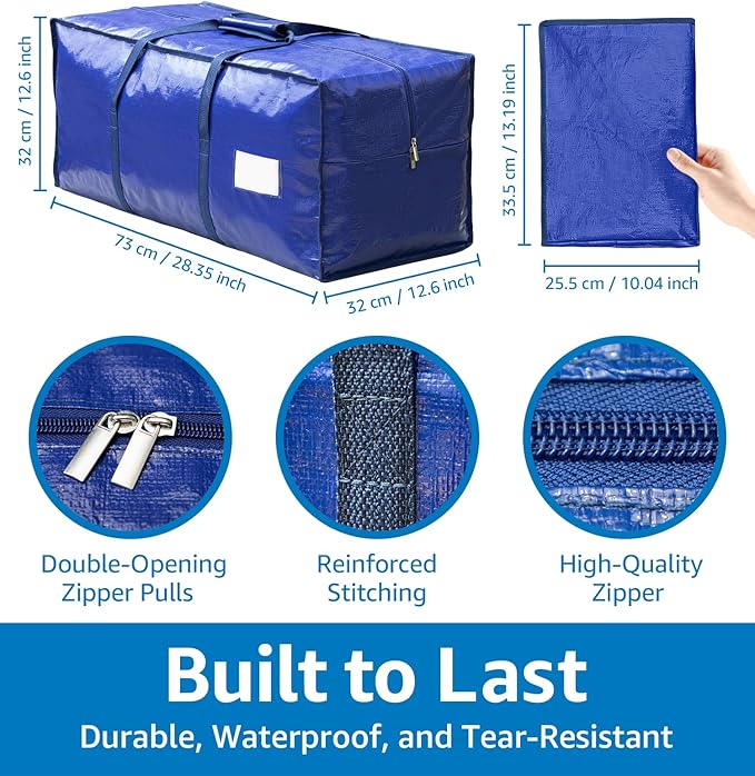 6 Pack Heavy Duty Moving Bags with Padded Wrap Around Handles-Strengthened Zipper Extra Large Storage Totes for Dorm College Clothes